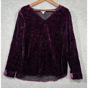 J Jill Womens M Top Purple Floral Velvet V-Neck Blouse